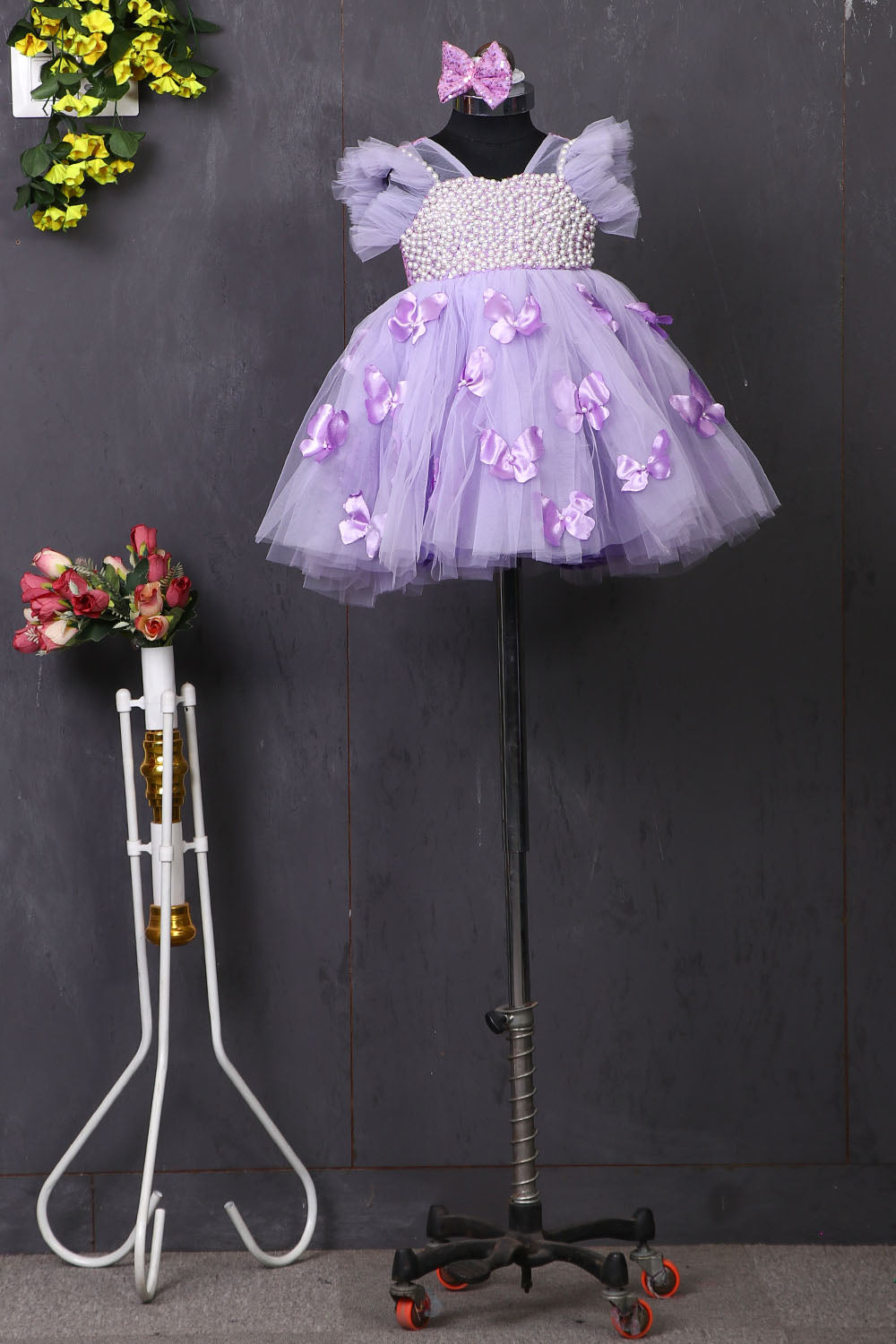 Lavender Pearl and Butterfly Dress with Trail