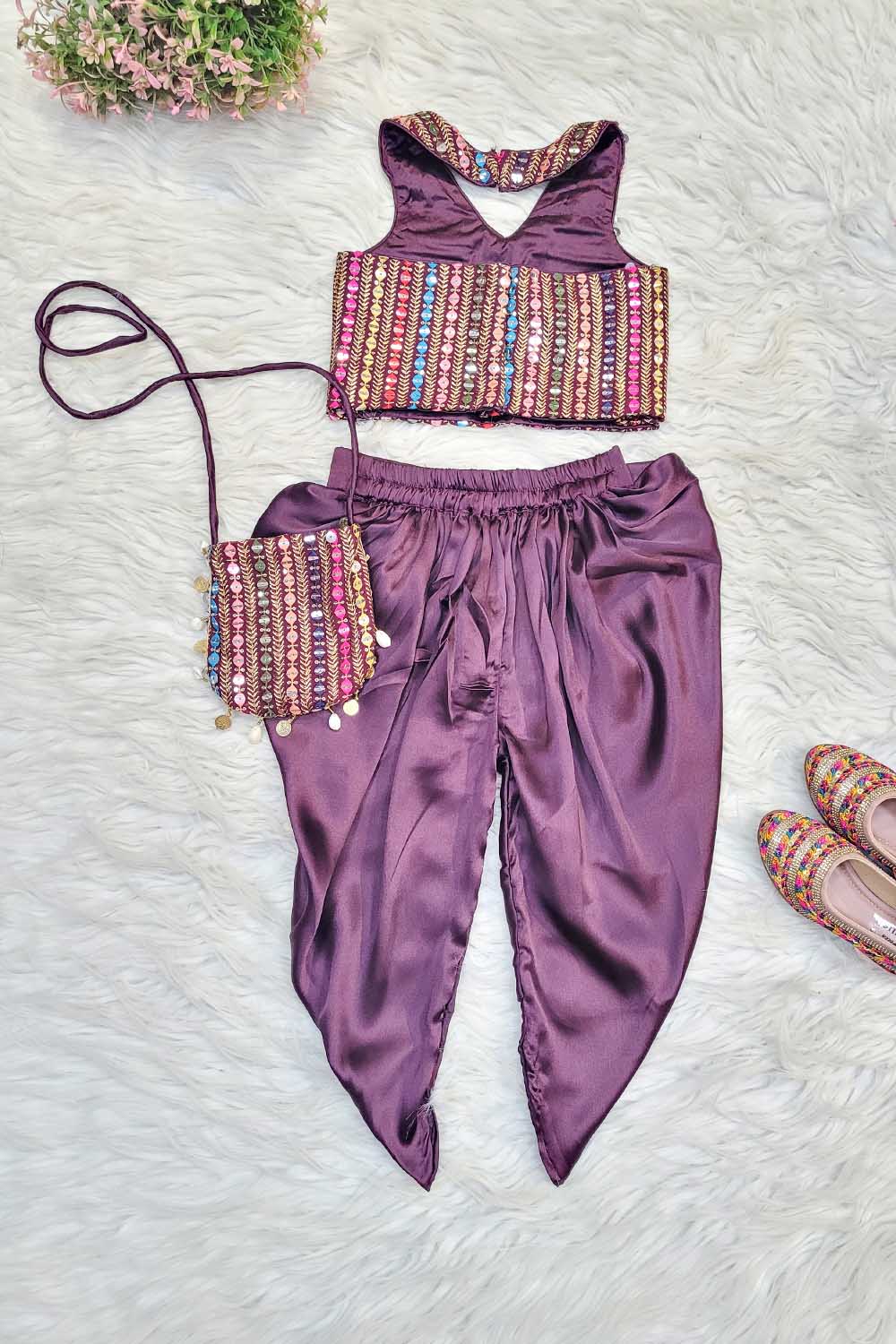 Wine Tulip Pant Coord set with Matching Bag