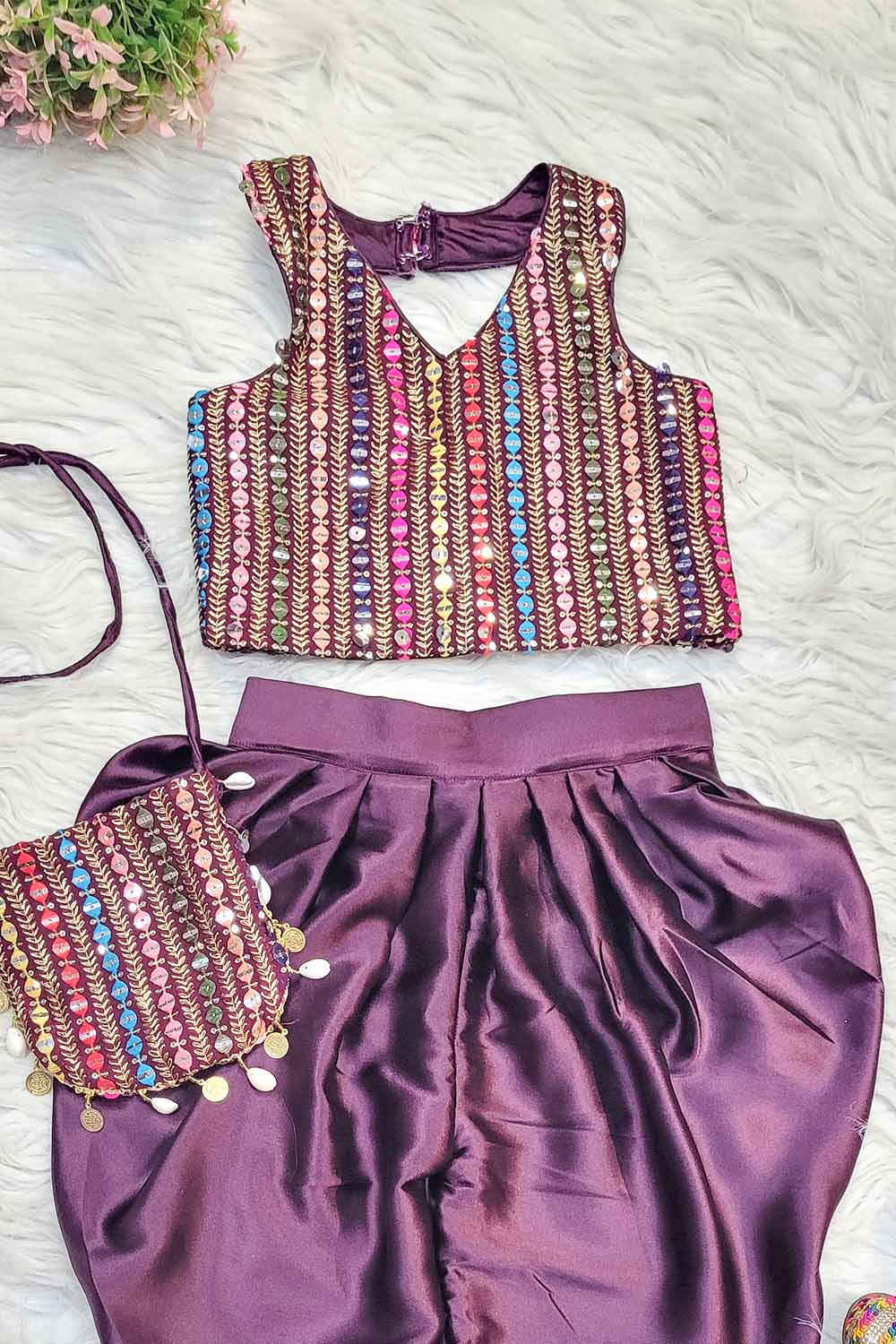 Wine Tulip Pant Coord set with Matching Bag