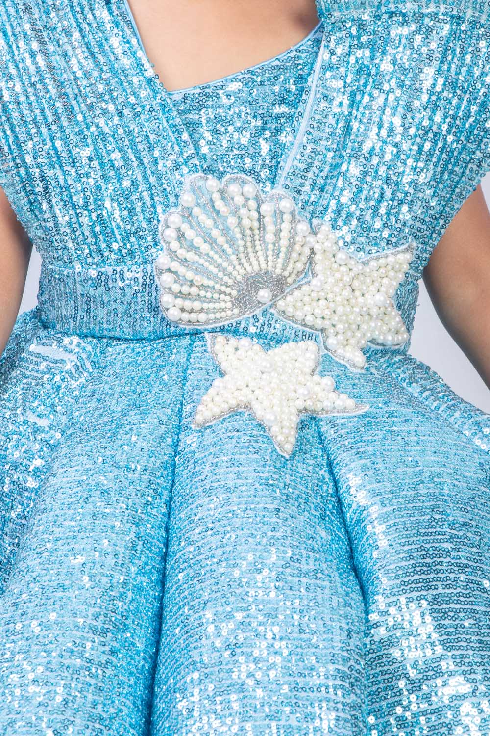 Sky Blue Ball Gown with Pearls Patch Work