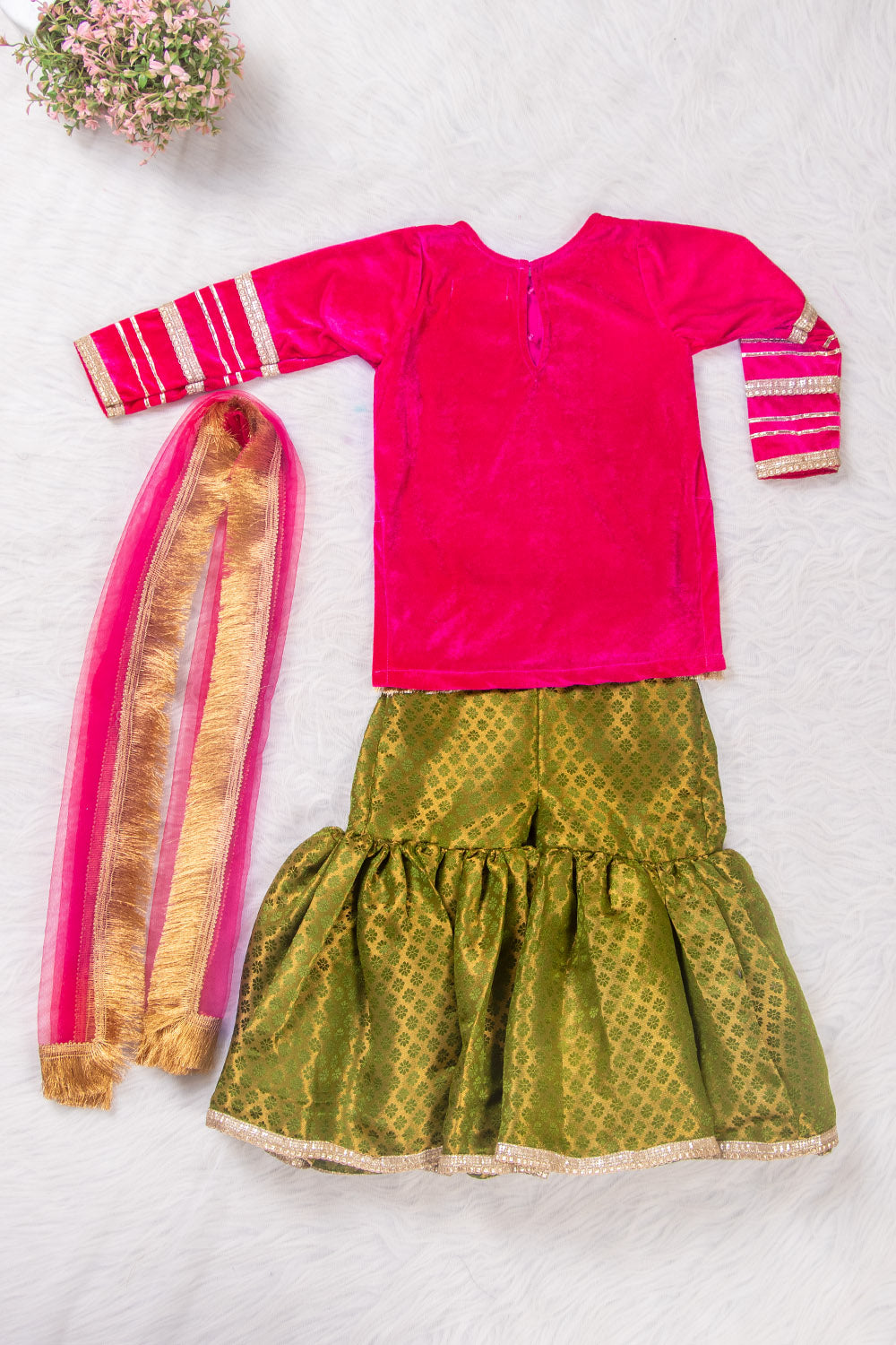 Magenta and Green Velvet and Brocade Sharara Suit