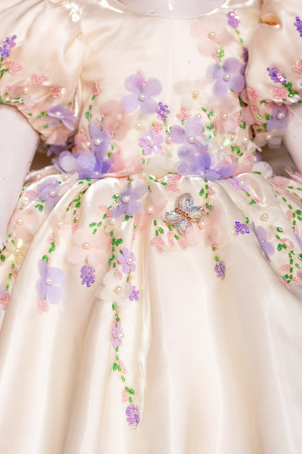Off White Satin Hand Embroidered Dress with Back Bow