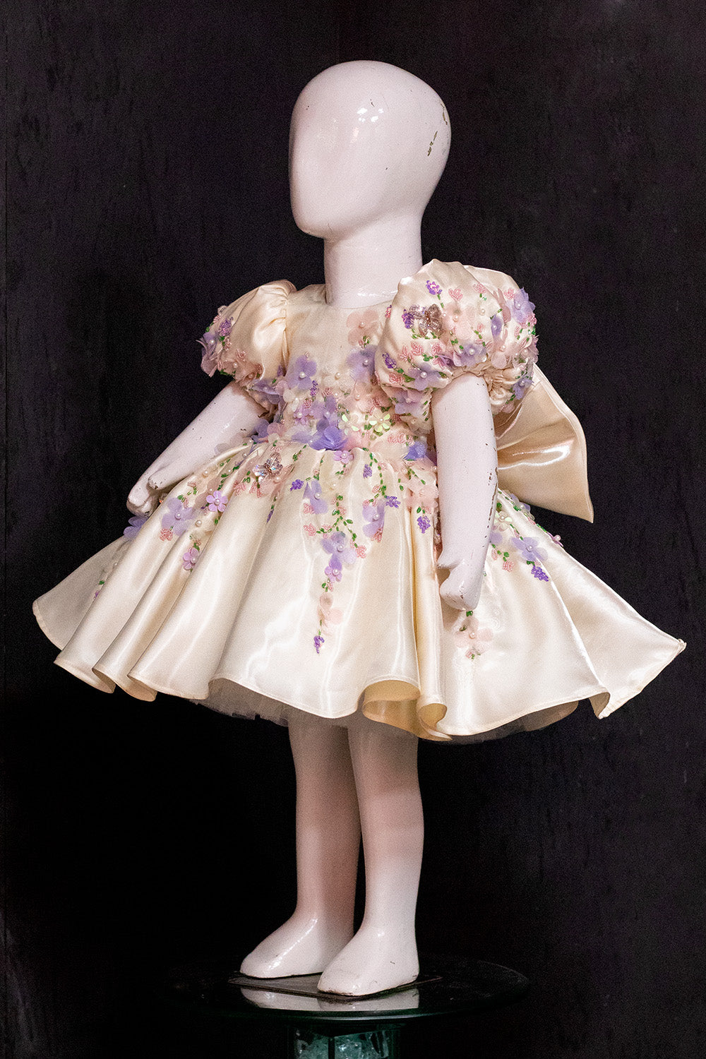 Off White Satin Hand Embroidered Dress with Back Bow