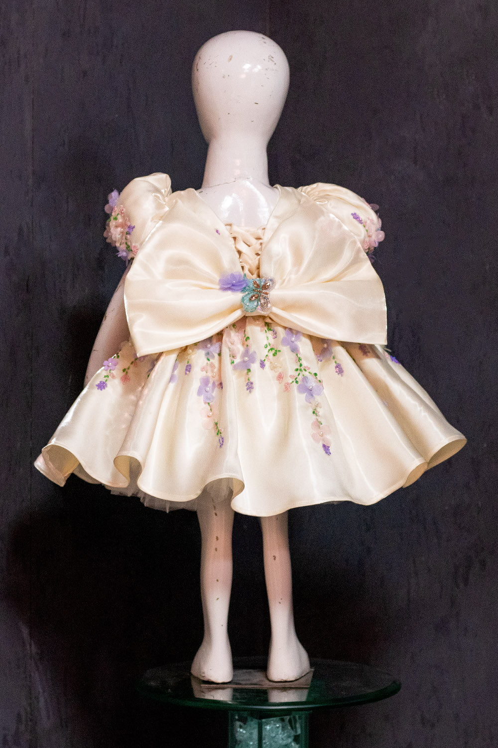 Off White Satin Hand Embroidered Dress with Back Bow