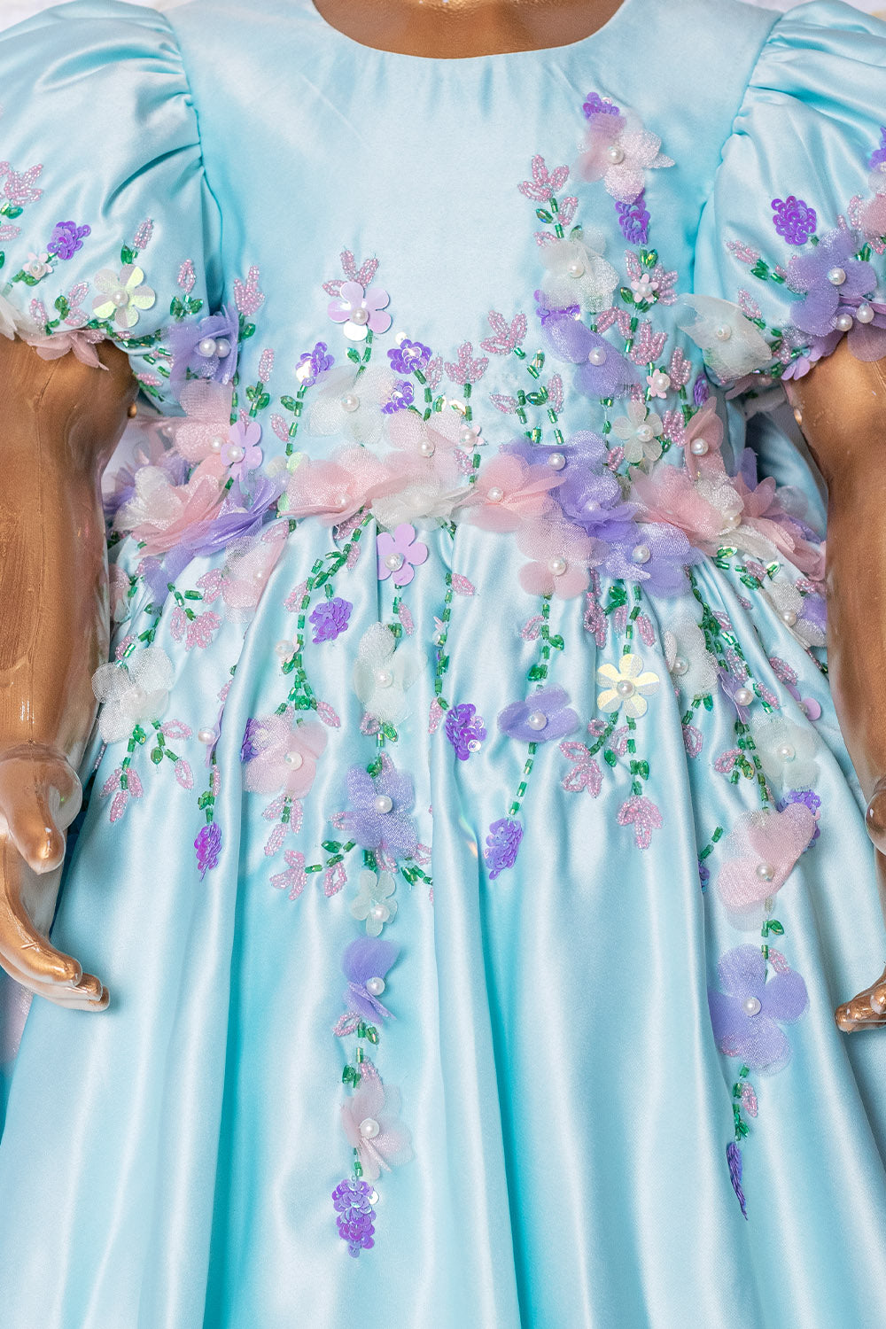 Pastel Blue Hand Embroidered Dress with Back Bow