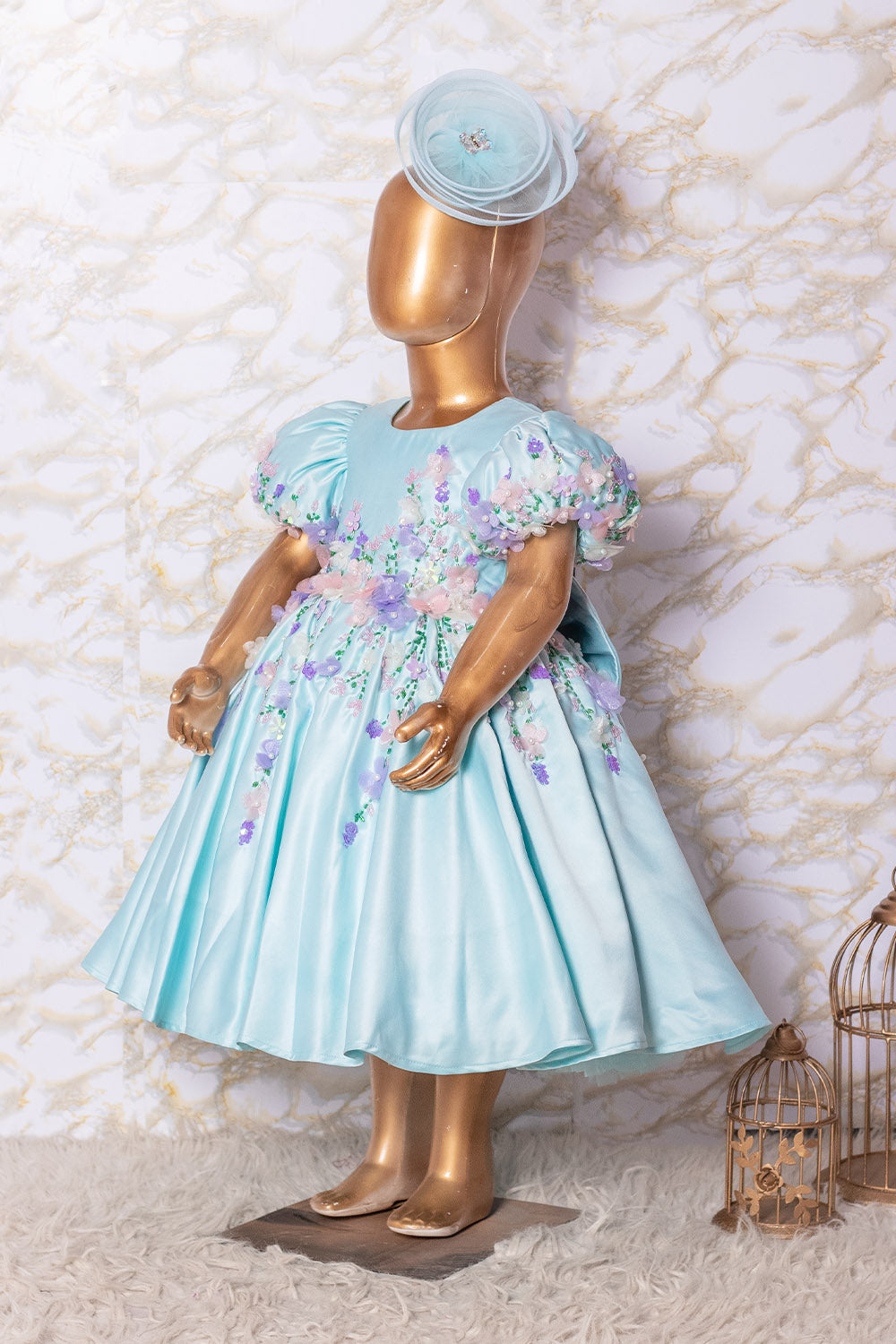 Pastel Blue Hand Embroidered Dress with Back Bow