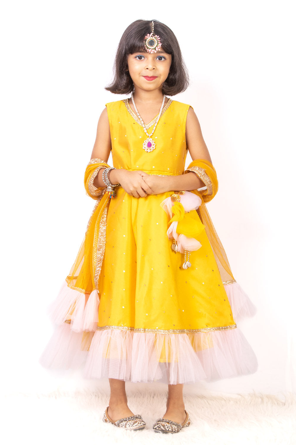 Yellow Anarkali with Net Dupatta and Belt