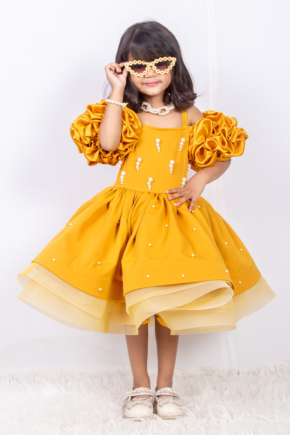 Mustard Banana Crepe and Net Dress