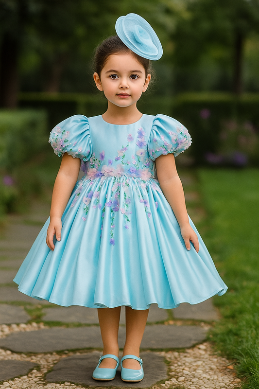 Pastel Blue Hand Embroidered Dress with Back Bow