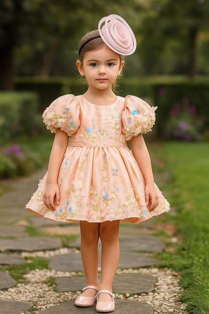 Light Peach Hand Embroidered Dress with Back Bow
