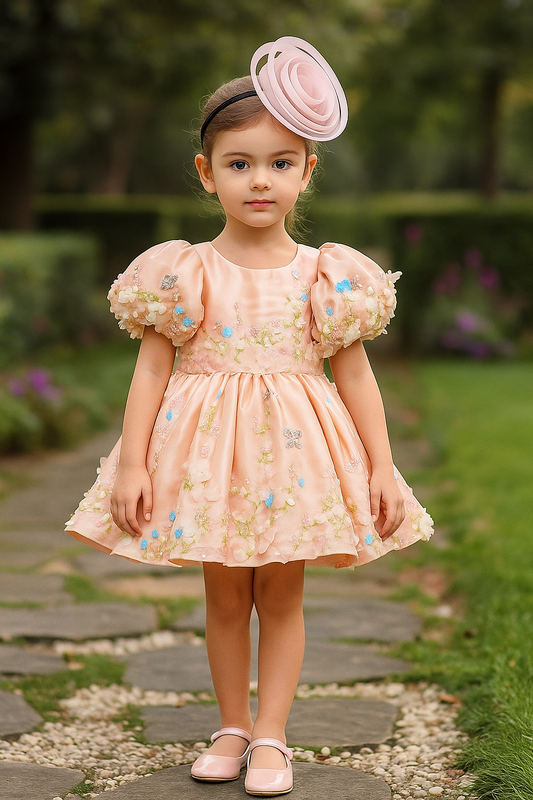 Light Peach Hand Embroidered Dress with Back Bow