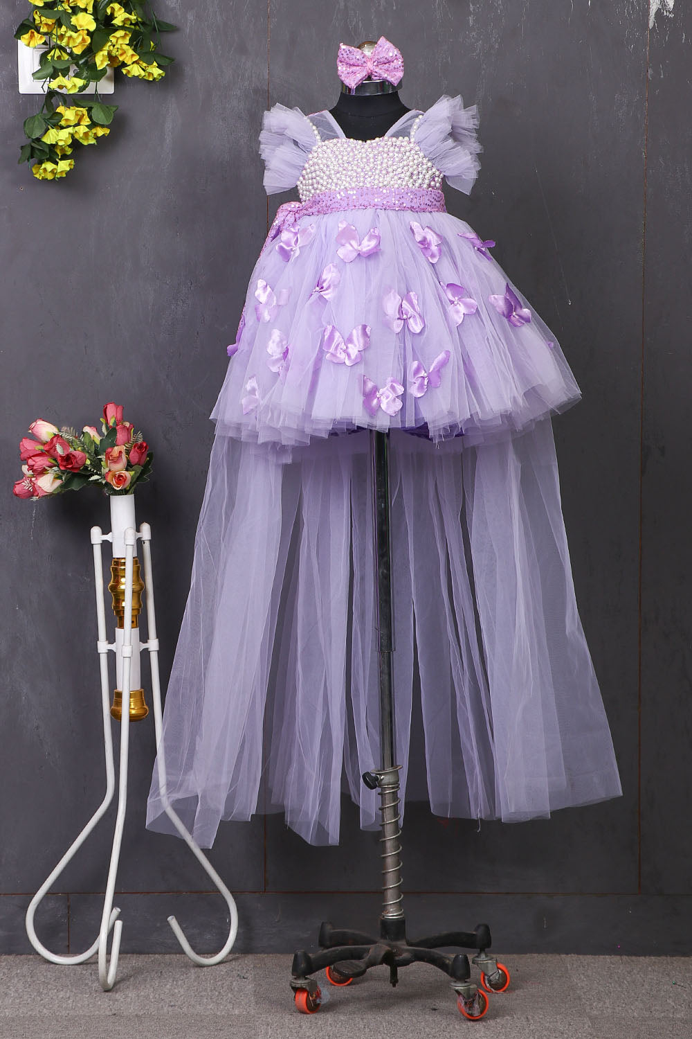 Lavender Pearl and Butterfly Dress with Trail