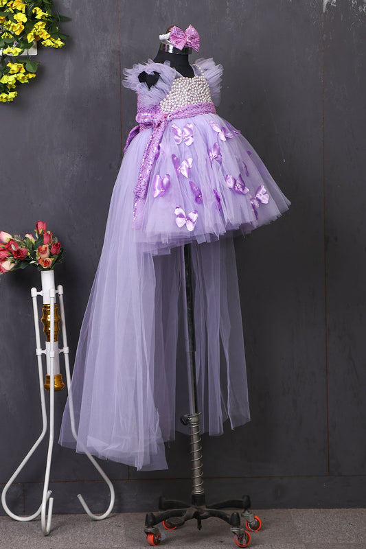 Lavender Pearl and Butterfly Dress with Trail