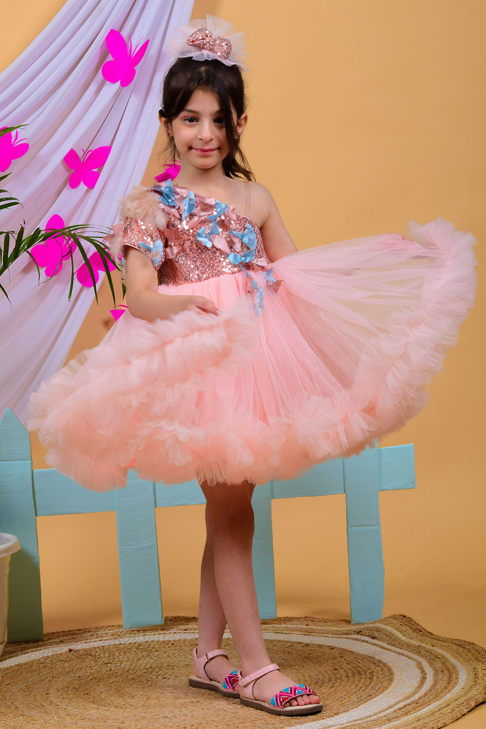 Nude Pink Butterfly Dress with Trail
