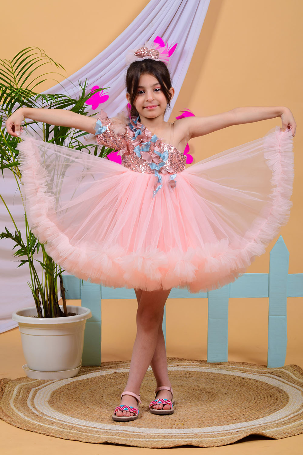 Nude Pink Butterfly Dress with Trail