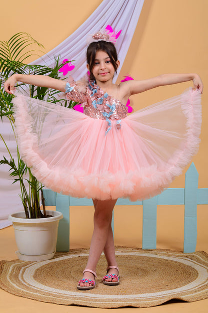 Nude Pink Butterfly Dress with Trail