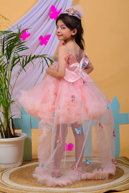 Nude Pink Butterfly Dress with Trail