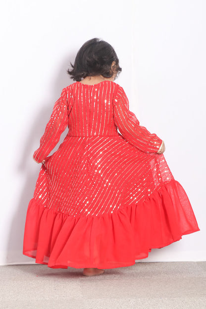 Red Sequins Georgette kids Anarkali Suit