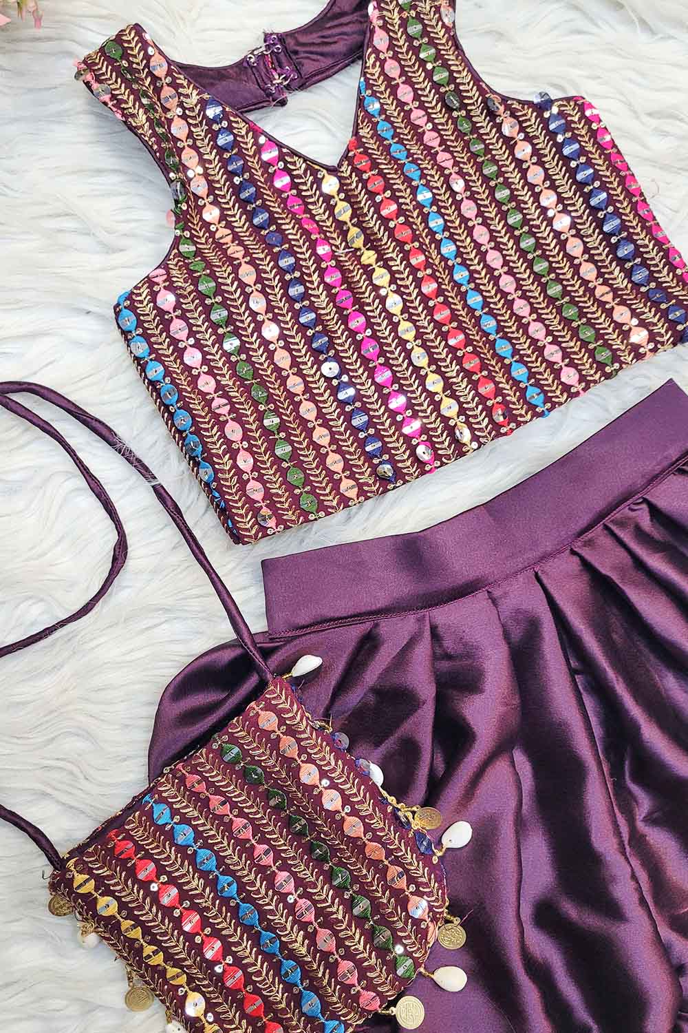 Wine Tulip Pant Coord set with Matching Bag