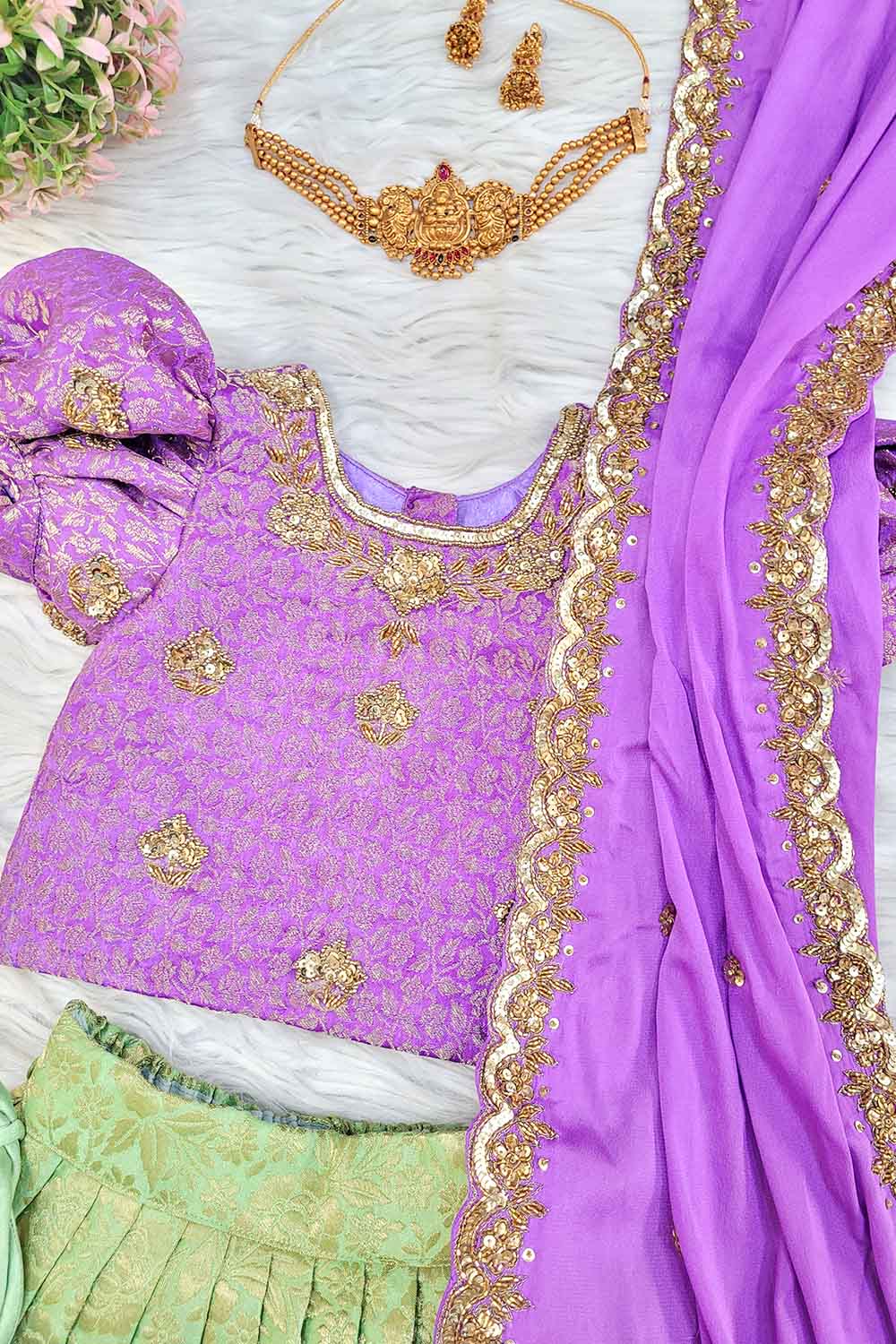 Lavender Green Hand Embroidered Lehenga Set