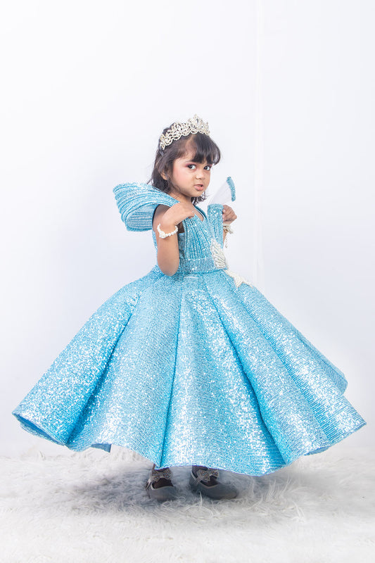 Sky Blue Ball Gown with Pearls Patch Work