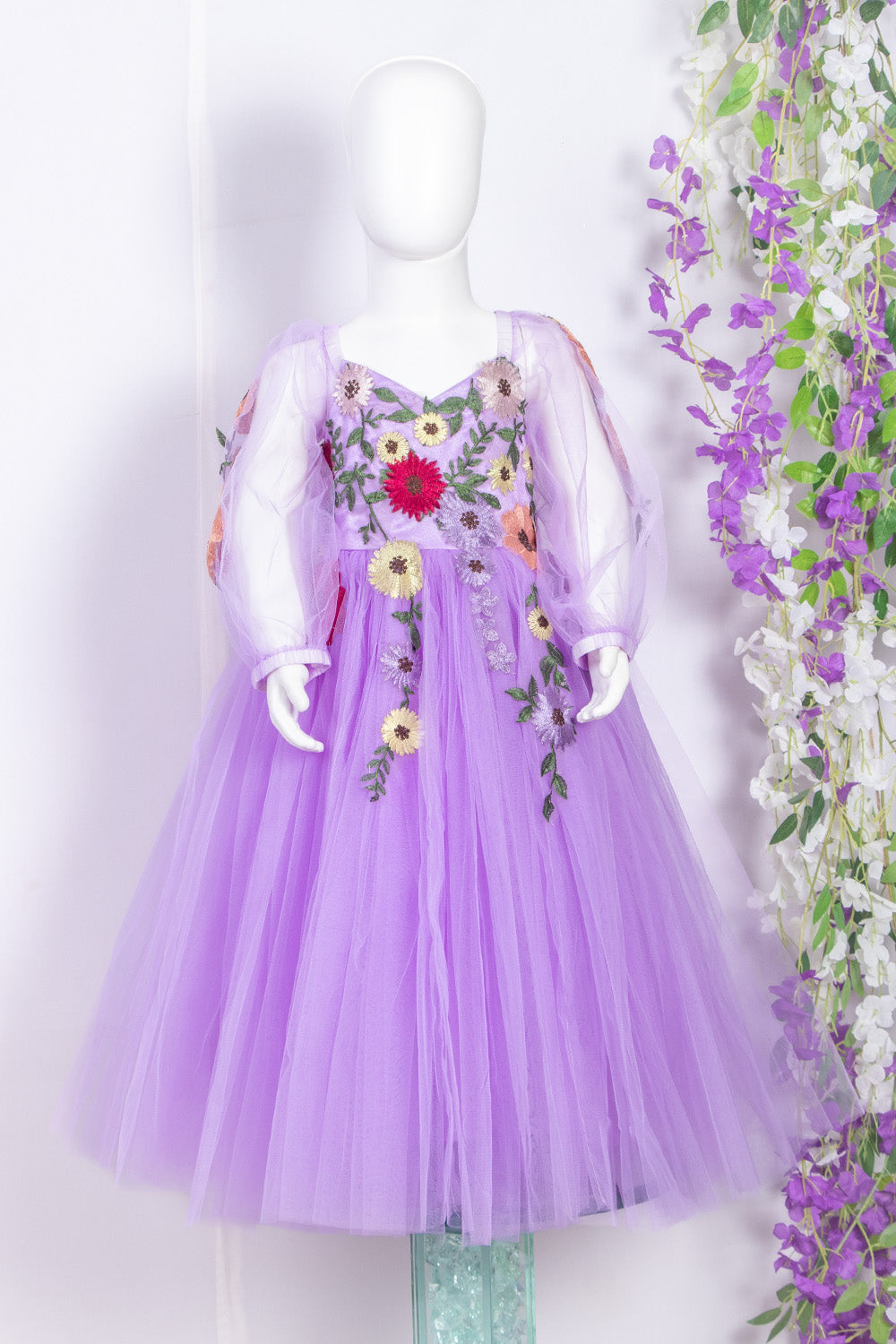 Lavender Floral Embroidered Kids Gown