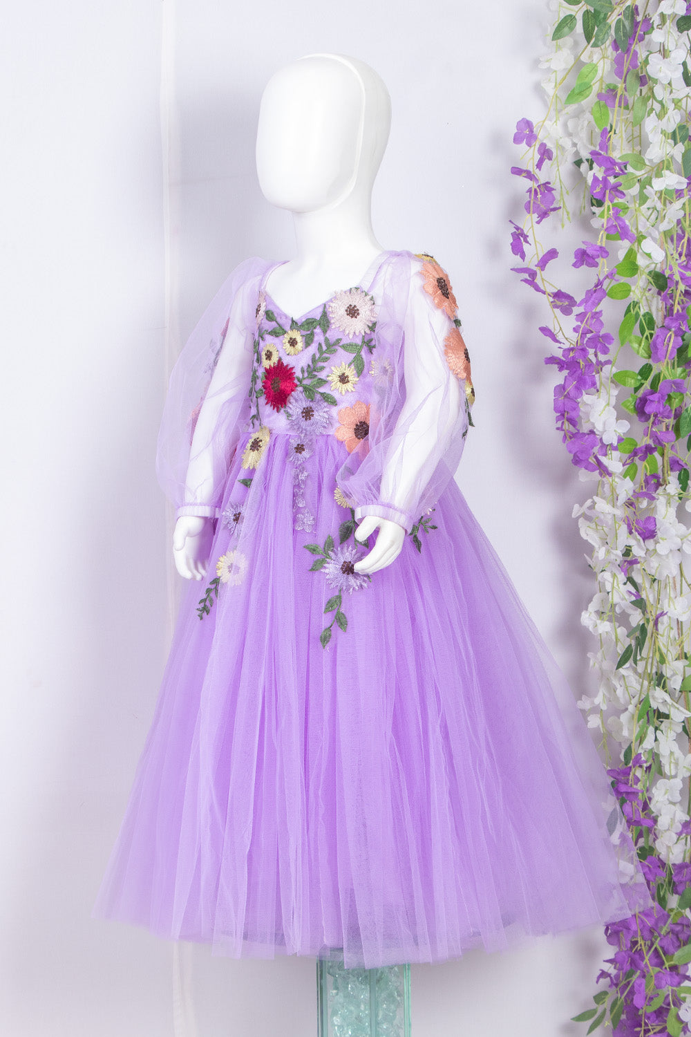 Lavender Floral Embroidered Kids Gown