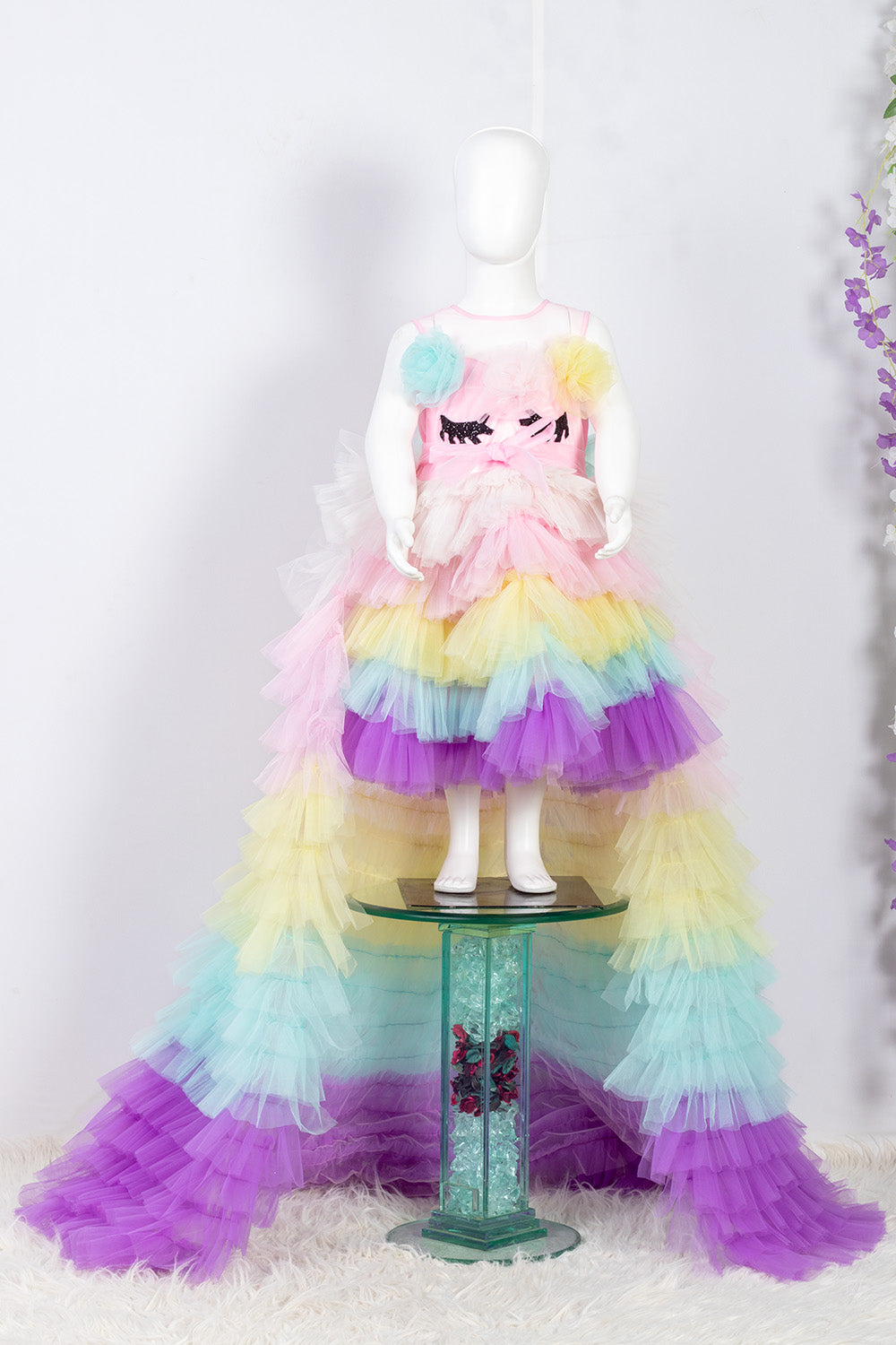 Colorful Unicorn Dress with Ruffled Trail