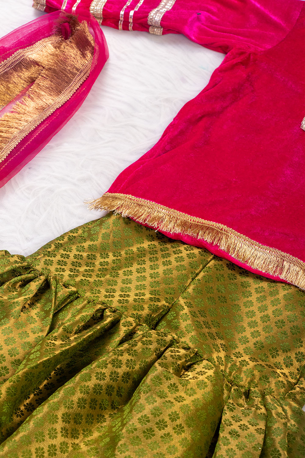 Magenta and Green Velvet and Brocade Sharara Suit