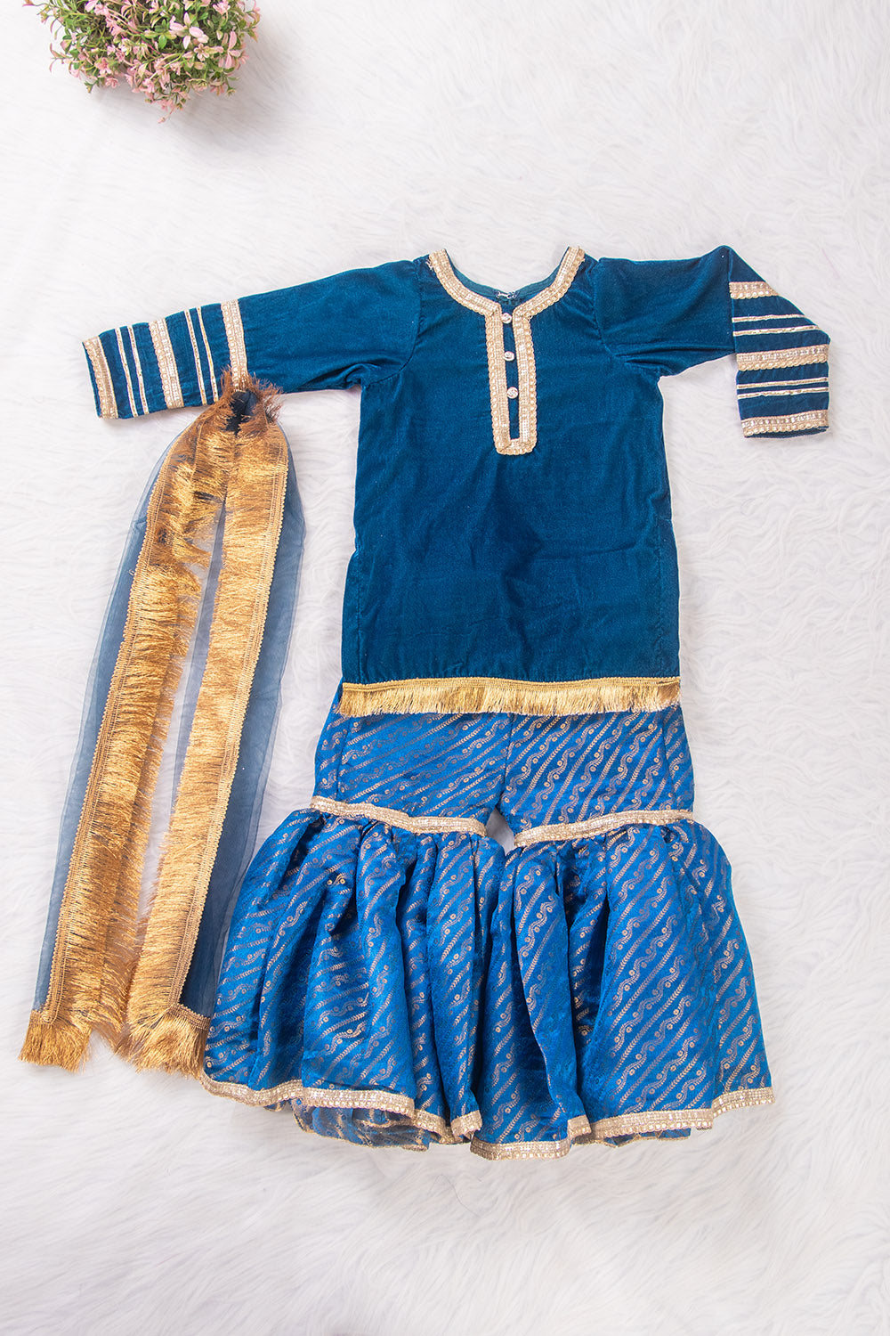 Teal Blue Velvet and Brocade Sharara Suit
