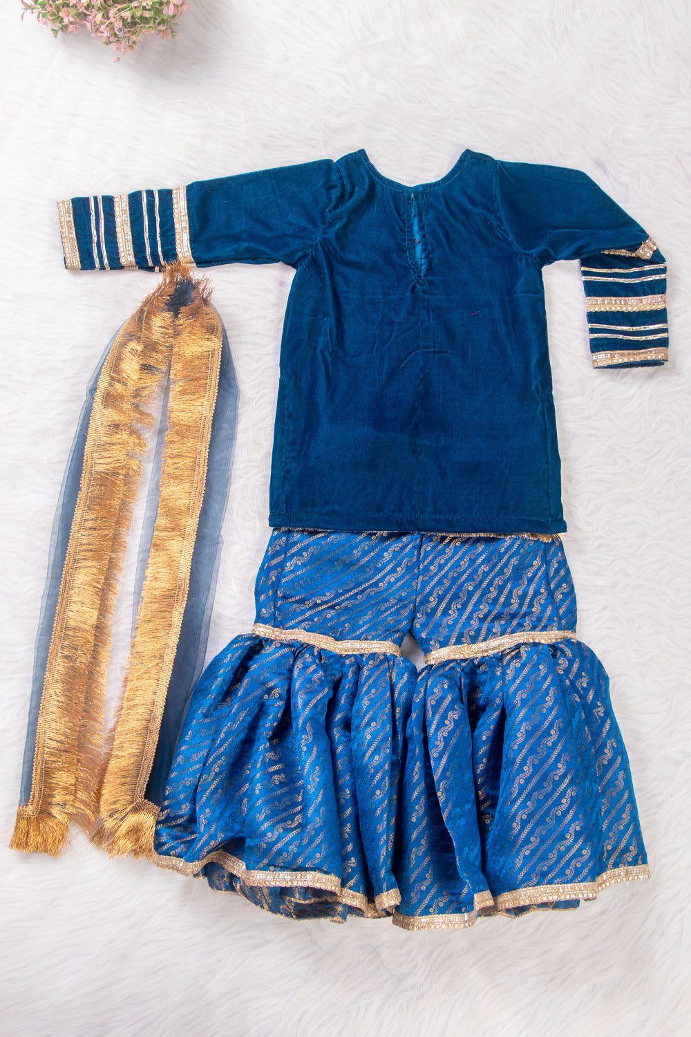 Teal Blue Velvet and Brocade Sharara Suit