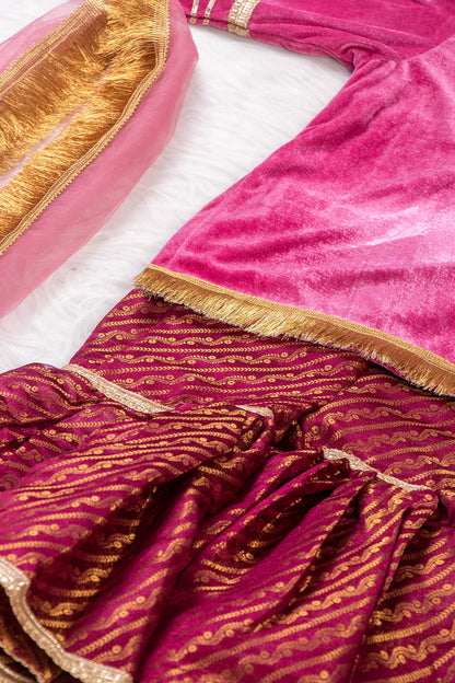 Pink and Wine Velvet and Brocade Sharara Suit