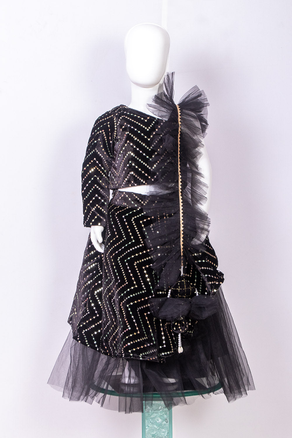 Black Zigzag work Velvet One Off Shoulder Lehenga
