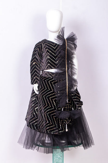 Black Zigzag work Velvet One Off Shoulder Lehenga
