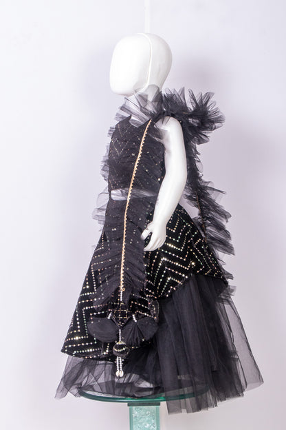 Black Zigzag work Velvet One Off Shoulder Lehenga
