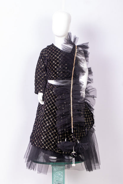 Black Velvet One Off Shoulder Lehenga