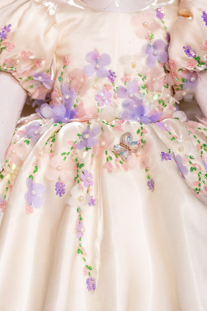 Off White Satin Hand Embroidered Dress with Back Bow