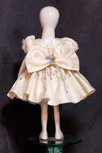 Off White Satin Hand Embroidered Dress with Back Bow