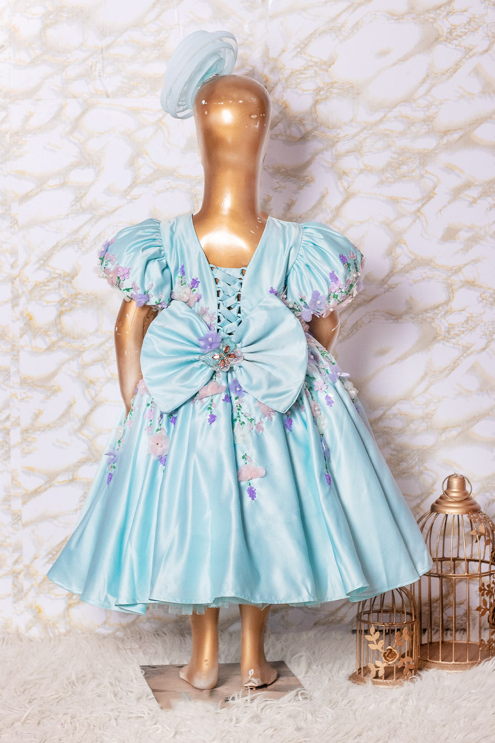 Pastel Blue Hand Embroidered Dress with Back Bow