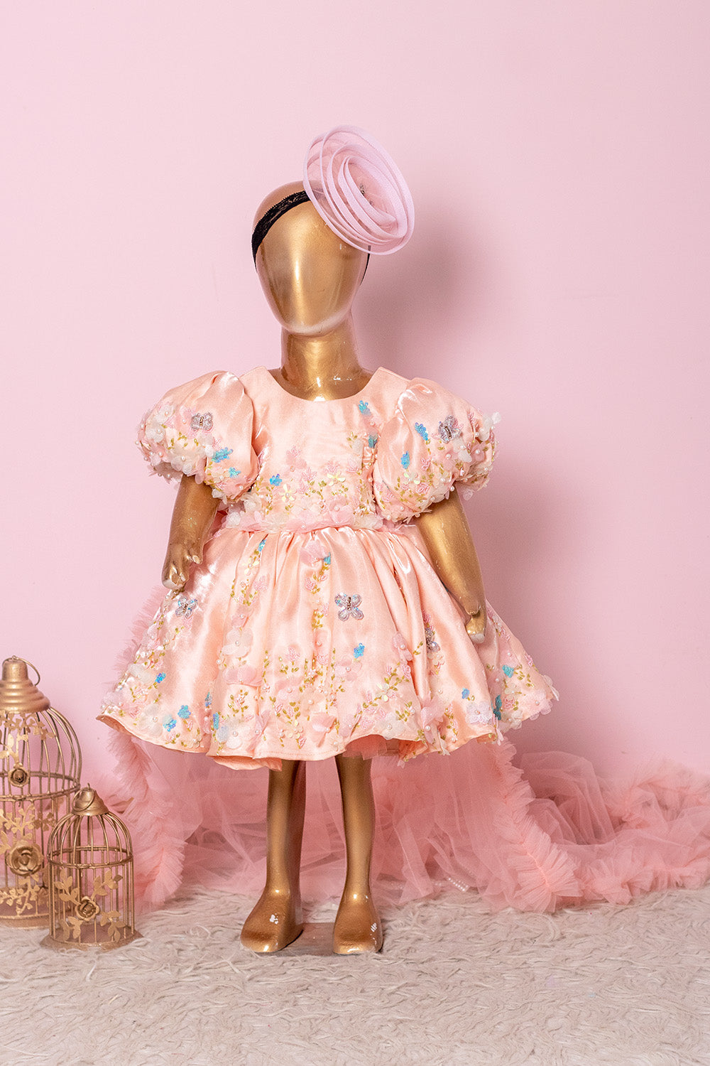 Light Peach Hand Embroidered Dress with Back Bow