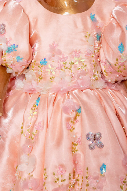 Light Peach Hand Embroidered Dress with Back Bow