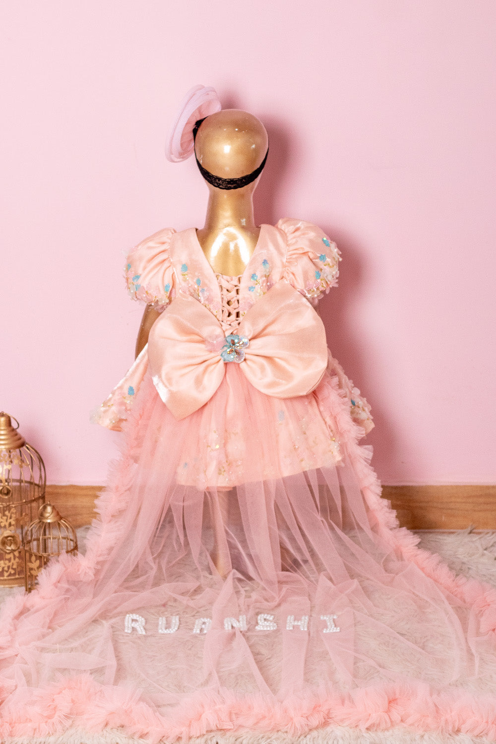 Light Peach Hand Embroidered Dress with Back Bow