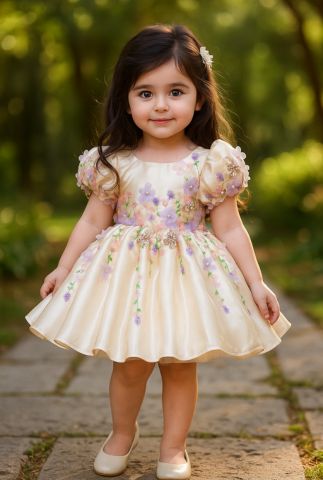 Off White Satin Hand Embroidered Dress with Back Bow