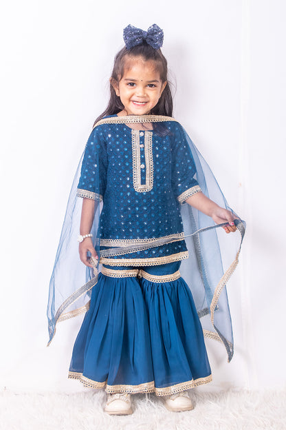 Teal Blue Mirror Work Sharara Suit