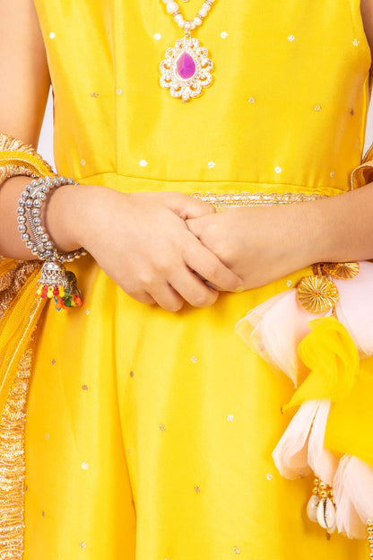 Yellow Anarkali with Net Dupatta and Belt