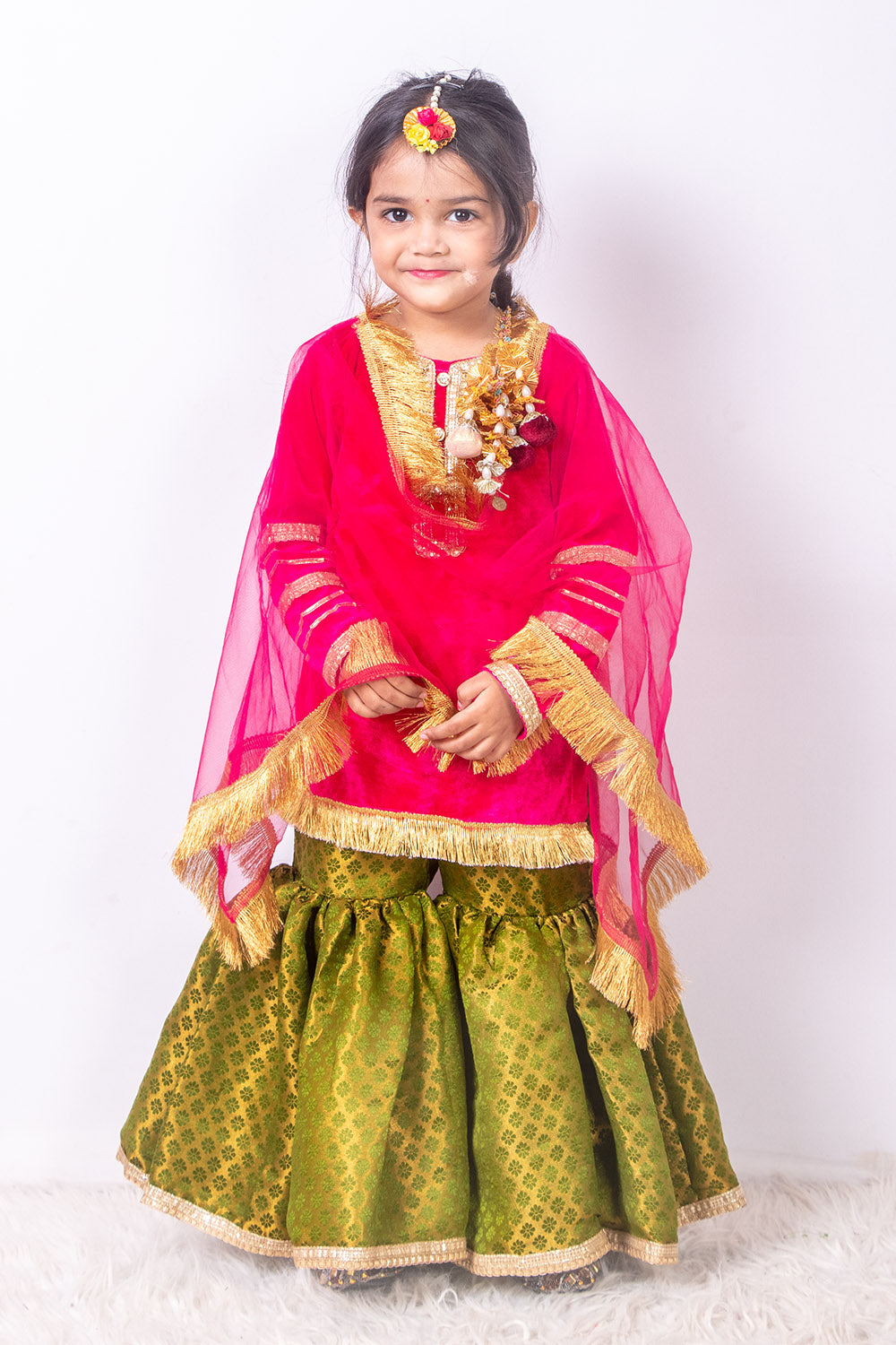 Magenta and Green Velvet and Brocade Sharara Suit