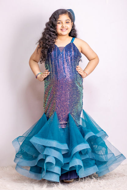 Blue Sequins Peacock Theme Gown