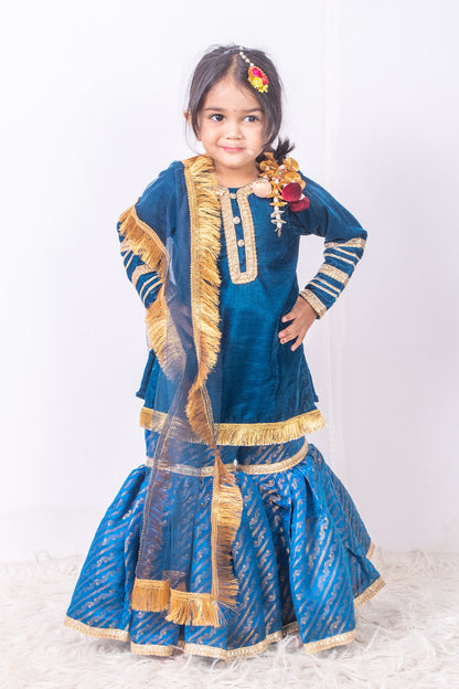 Teal Blue Velvet and Brocade Sharara Suit