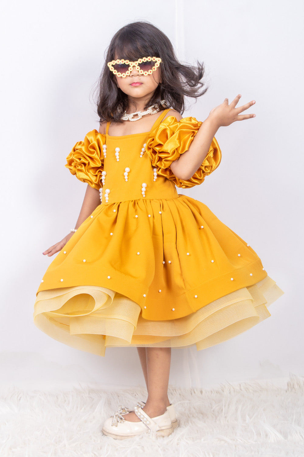 Mustard Banana Crepe and Net Dress